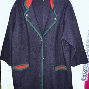 Susan Bristol Navy Coat with Green and Red Trim Warm Cozy Jacket